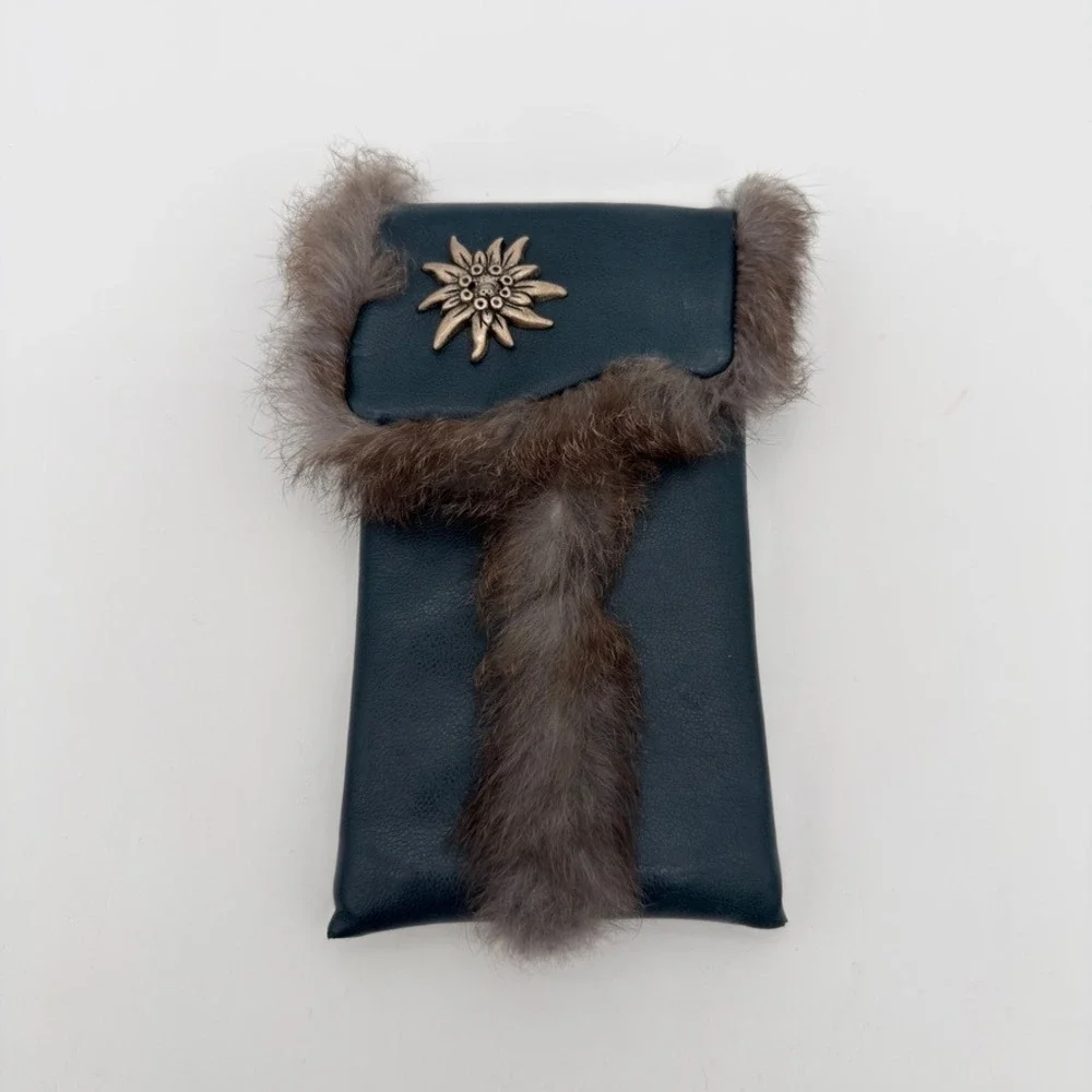 Navy Leather Edelweiss Fur Trim Pouch Phone Case Glasses Sleeve Navy Blue